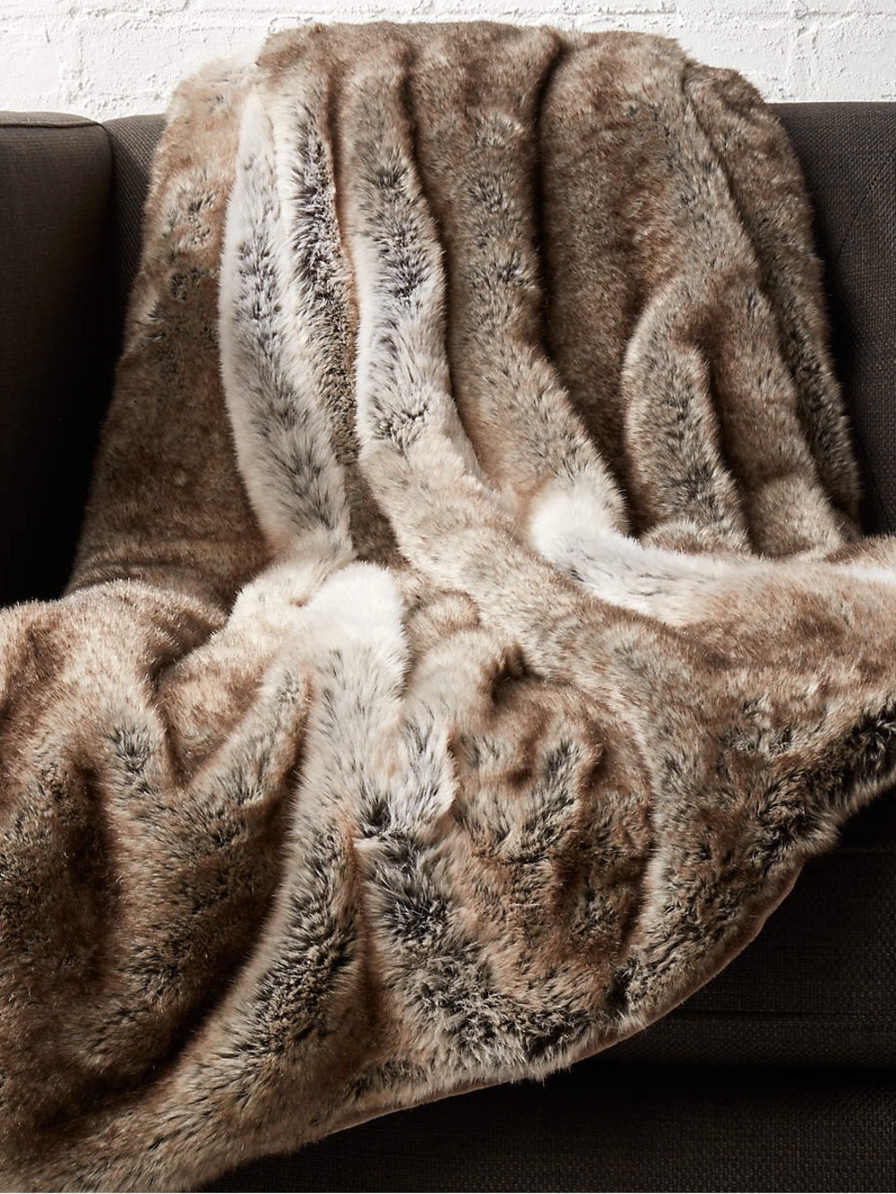 CB2 Light Grey Faux Fur Throw Blanket 48"X80"